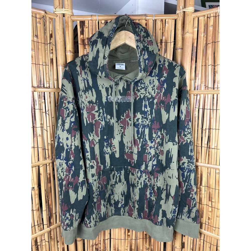 Women's GYMSHARK Graphic Camo Dark Green Hoodie With Pocket -‎ Size Medium